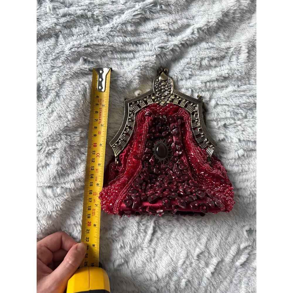 Vintage Style Burgundy Beaded Evening Bag Bronze Frame Chain Strap Cabochon - Picture 7 of 8
